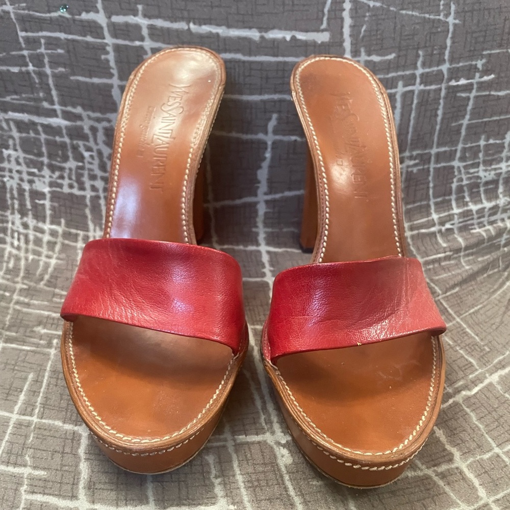 Yves Saint Laurent Red and Tan Leather Mules